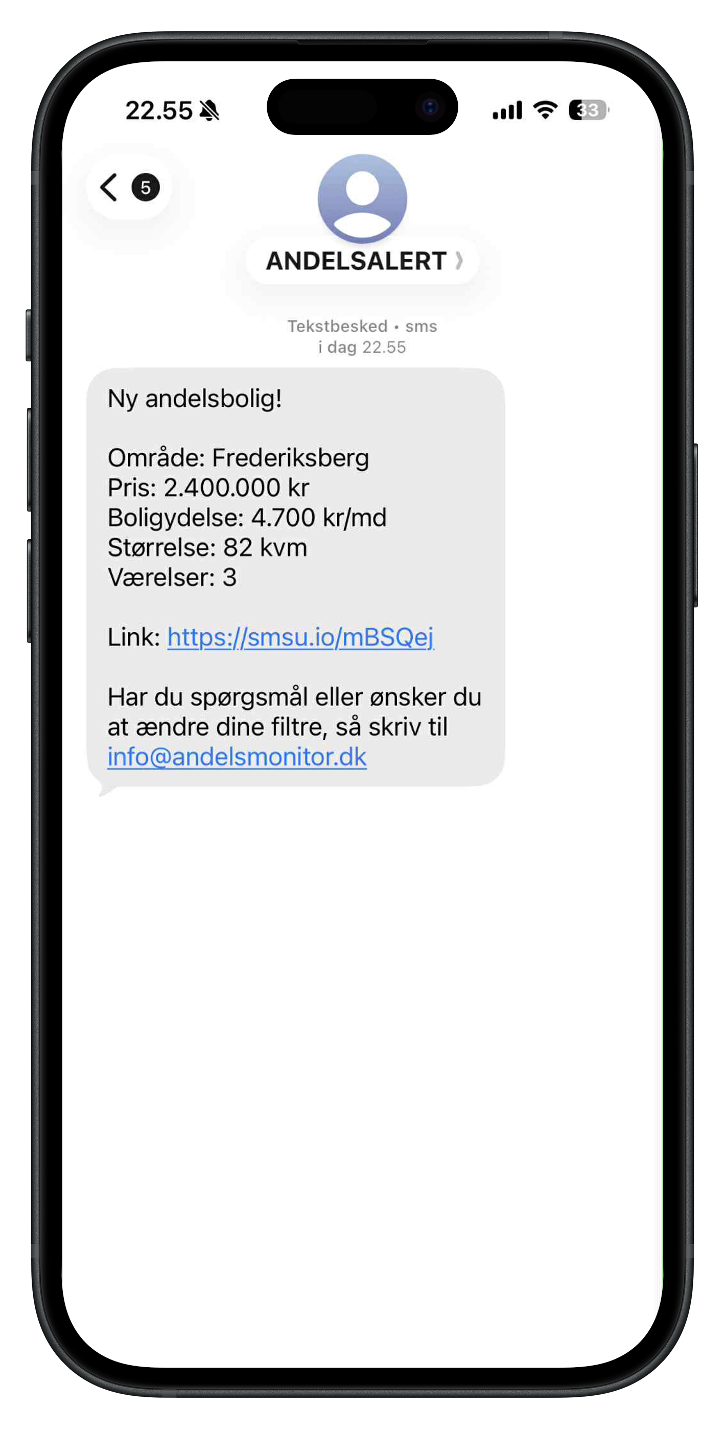 Eksempel på en SMS-besked fra AndelsMonitor på en telefon